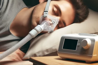 DALL·E 2024 05 31 11.39.10 A person using a CPAP machine while sleeping. The scene includes a bedside table with the CPAP device connected via a hose to a nasal mask worn by th